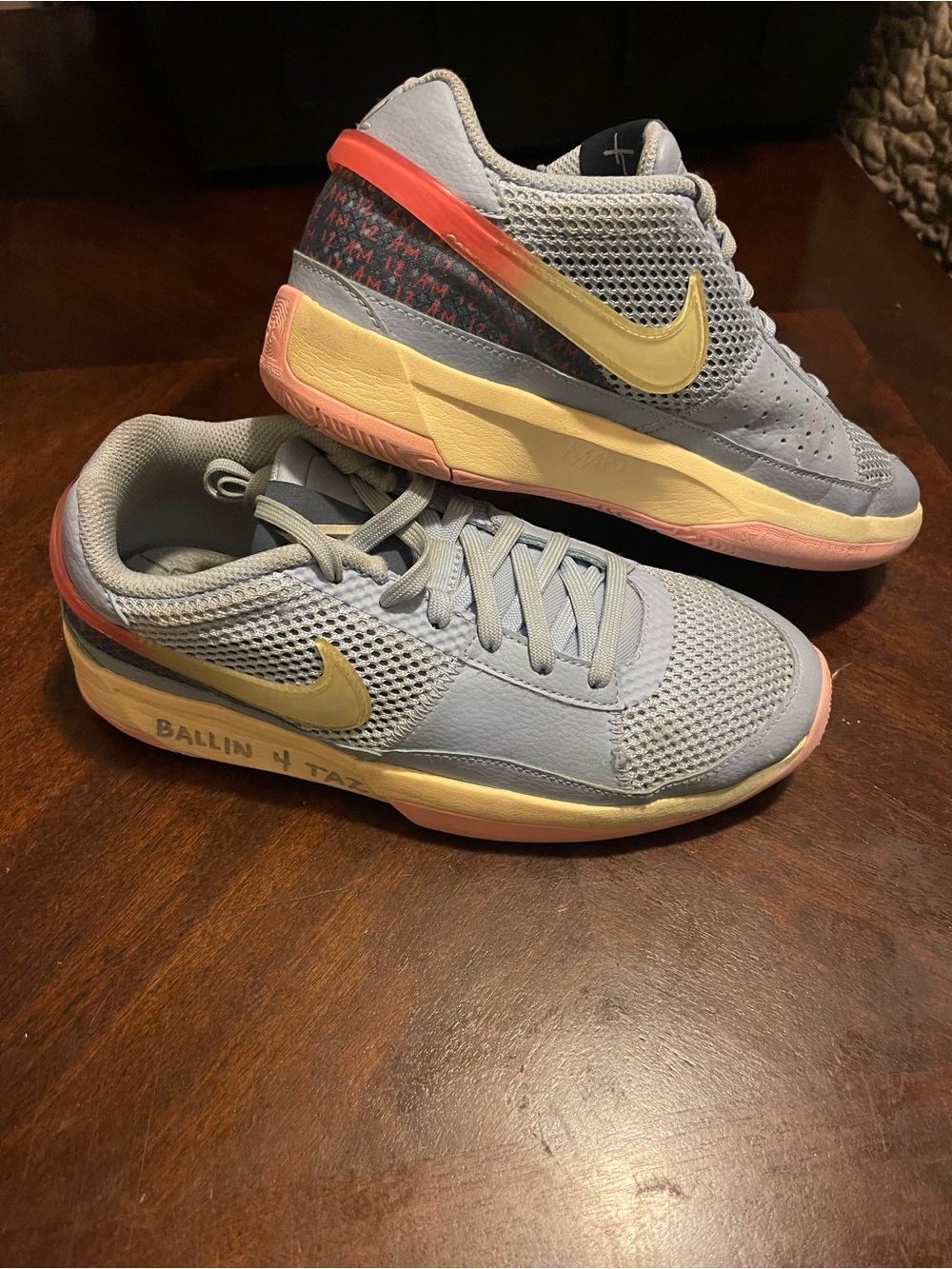 Nike Ja Morant 1 Kids Light Gray Sneakers with Yellow & Pink Accents